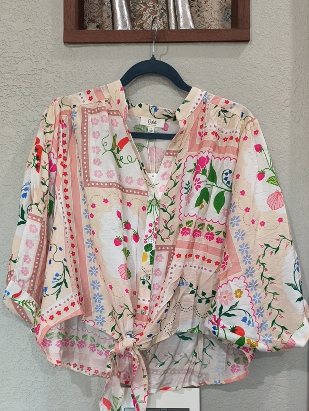 New Cream Floral Tie-Front Women's Blouse